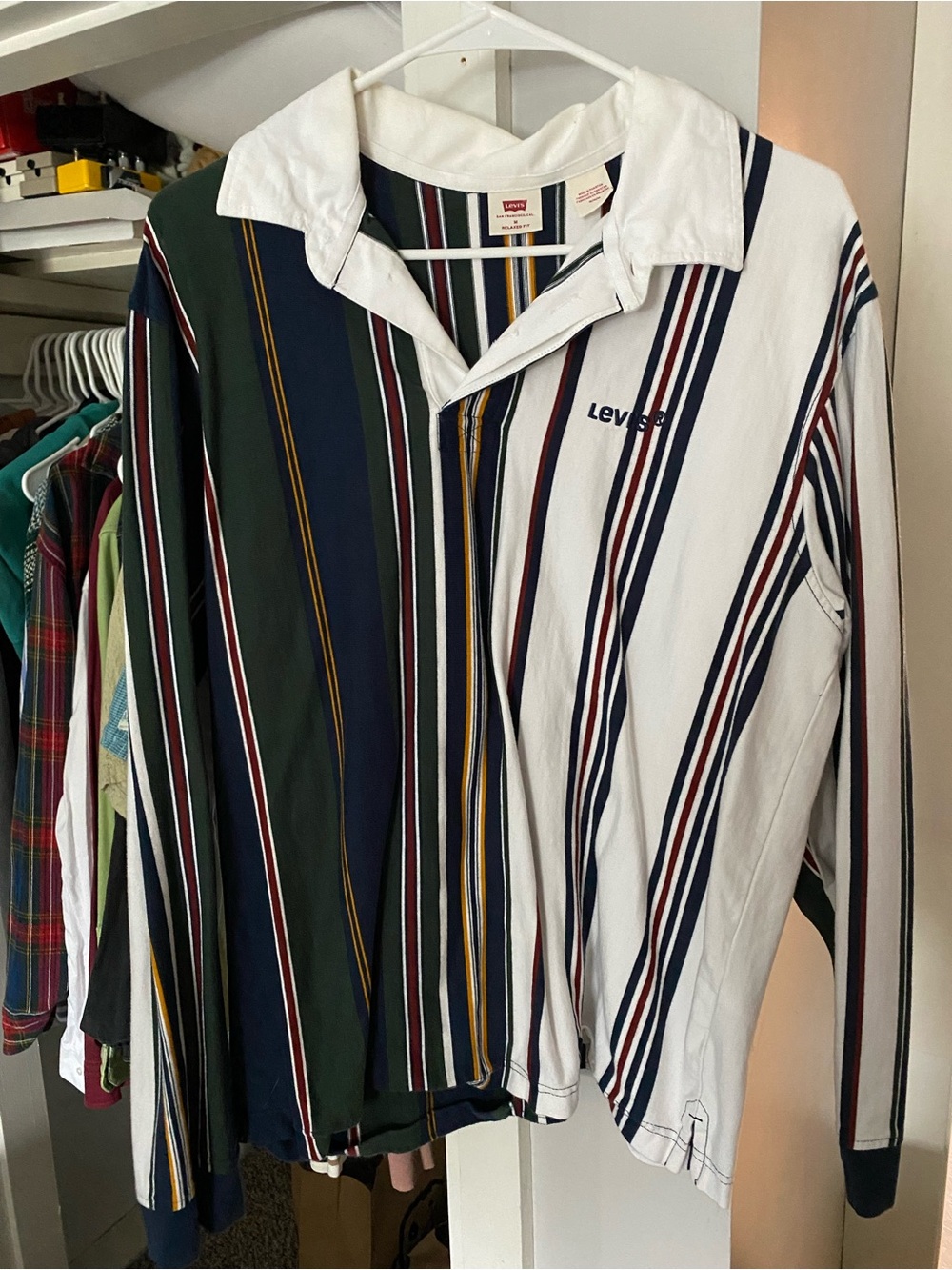Levi's Men's Long-Sleeve Vertical Stripe Shirt - White, Green & Navy